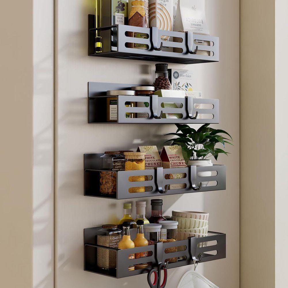 4 Pack Black Magnetic Refrigerator Mount Spice Rack Kitchen Storage Shelf Organizer for Seasoning Bottles