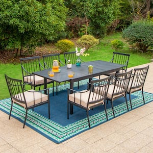 9-Piece Metal Outdoor Dining Set with Extensible Rectangular Carve Pattern Table and Stylish Chairs with Beige Cushions