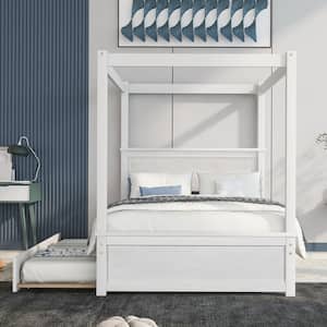 White Wood Frame Full Size Canopy Bed with Trundle, Wood Platform Bed for Kids, Teens, Adults, No Box Spring Needed