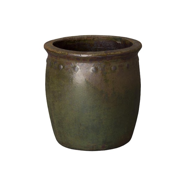 15 in. D x 15 in. H Green Wash Ceramic Round Planter with Drainage Hole