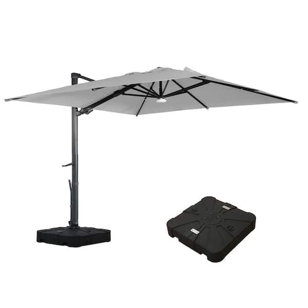 10 ft. Square Aluminum Cantilever Outdoor Tilt Patio Umbrella in Gray with Bluetooth LED Light Base Weight Stand