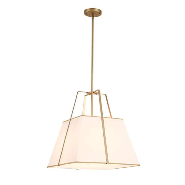 Haven 4-Light 18 in. W White Fabric and Brass Pendant Light with Trapezoid Shade for Dining Room and Living Room