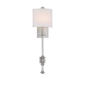 Devon 7.5 in. W x 26.5 in. H 1-Light Satin Nickel Wall Sconce with White Fabric Drum Shade