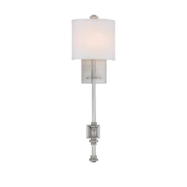 Savoy House Devon 7.5 in. W x 26.5 in. H 1-Light Satin Nickel Wall Sconce with White Fabric Drum Shade