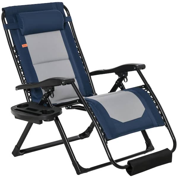 Tatayosi Foldable Oversize Zero Gravity Steel Outdoor Lounge Chair with Headrest, Side Tray, Cup Holders, Armrests in Blue