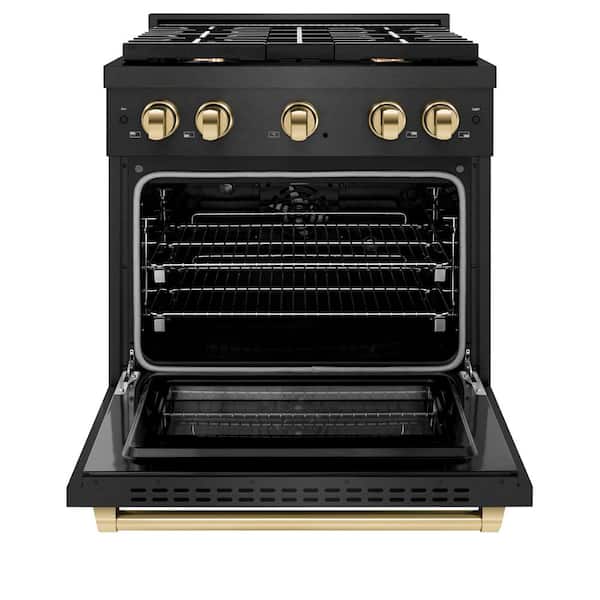 Autograph 30 in. 4.2 cu. ft. Paramount Dual Fuel Range with 4 Burner Gas Cooktop in Black Satin with Gold Accents