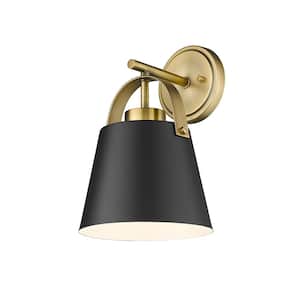 Z-Studio 8 in. 1-Light Matte Black + Heritage Brass Wall Sconce-Light with Steel Shade