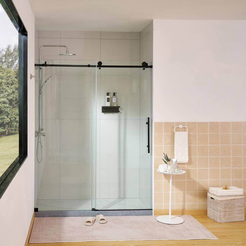 60 in. Matte Black Frameless Soft Close Sliding Shower Door with Clear Glass