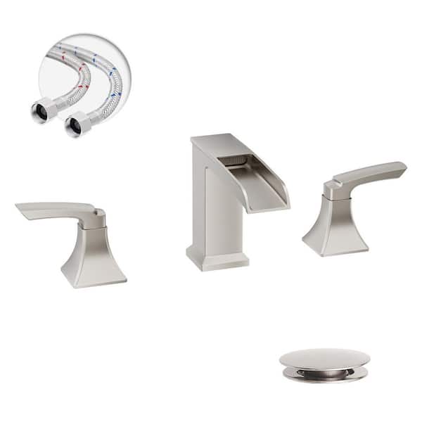 8 in. Waterfall Widespread 2-Handle Bathroom Faucet With Pop-up Drain Assembly in Brushed Nickel