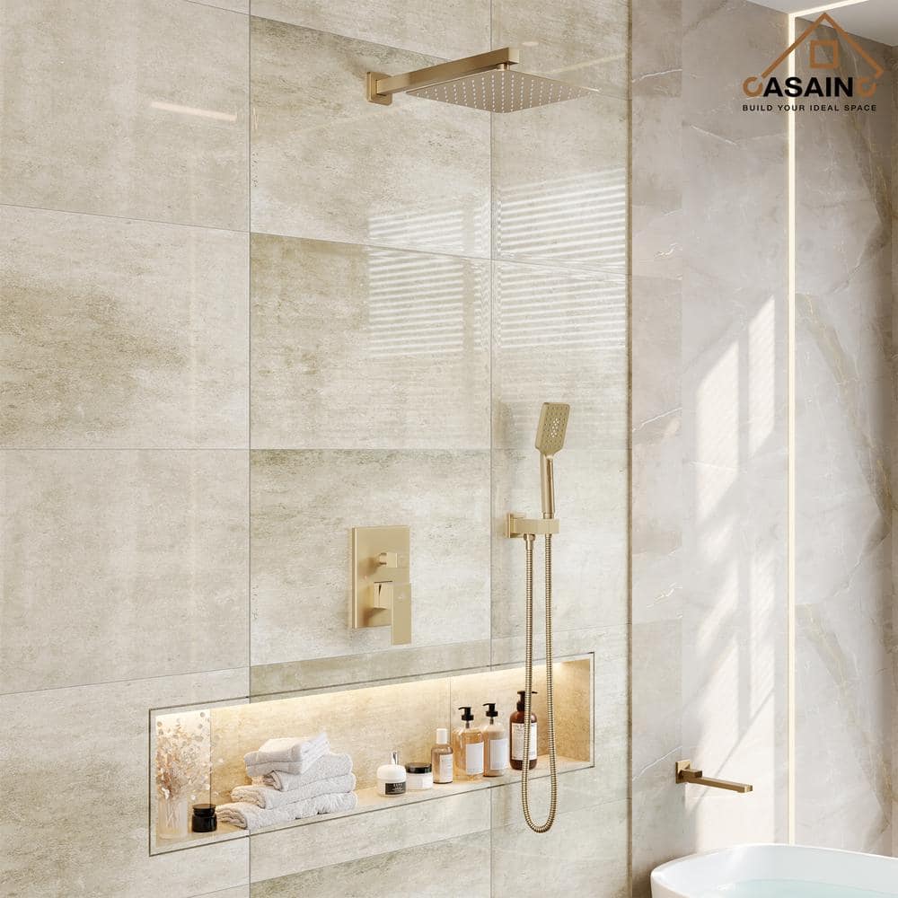 Brushed Gold 12" Wall Mount Shower System with Handheld Spray