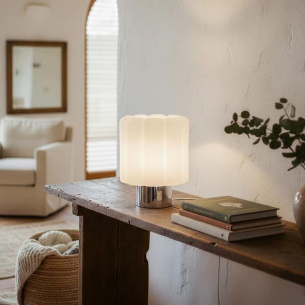 Addison 8.9 in Integrated LED Glossy Chrome Modern Gradient Dimming Nightstand Desk Lamp with White Glass Drum Shade