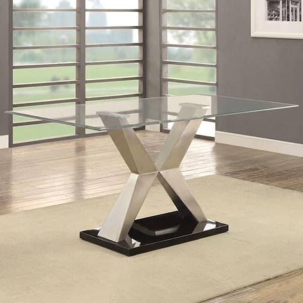 Mirabella Black and Silver Glass Top Pedestal Base Dining Table Seats 6