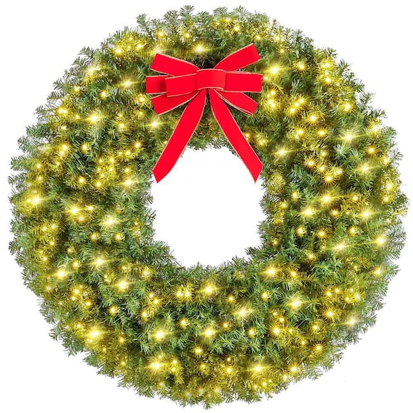 60 in. Pre-lit Artificial Christmas Wreath with 300-LED Lights and Red Bowknot