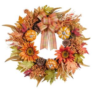 22 in. Sunflower and Pumpkin Wreath with Plaid Bow