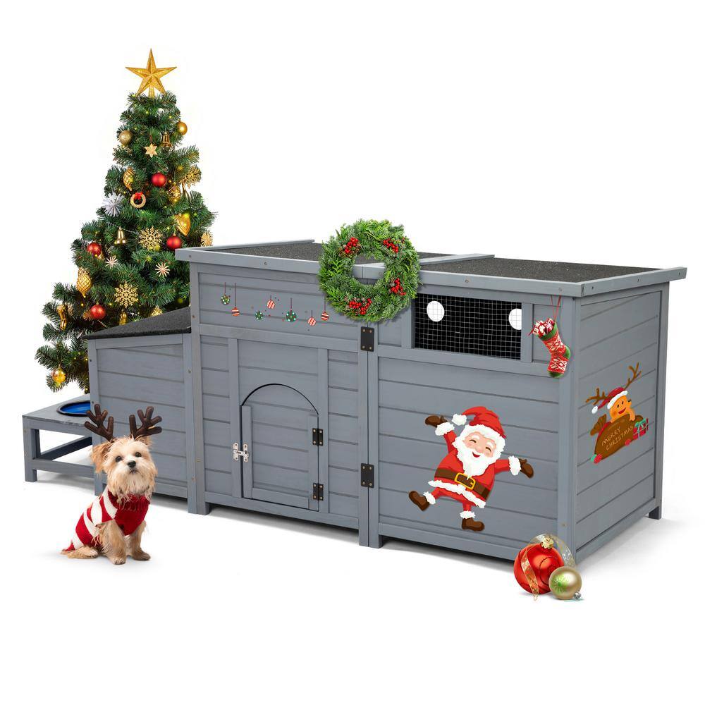 Large Gray Pinewood Outdoor Dog House with Feeding Bowls
