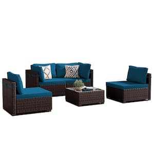 5-Piece Wicker Patio Conversation Seating Set with Deep Lake Blue Cushions and Coffee Table