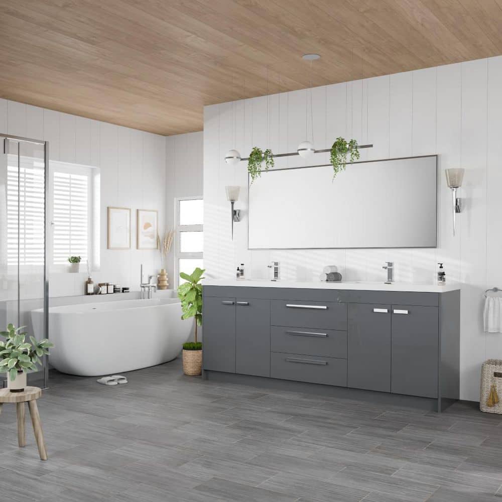 Eviva Lugano 84" Gray Modern Freestanding Double Sink Vanity with Acrylic Top