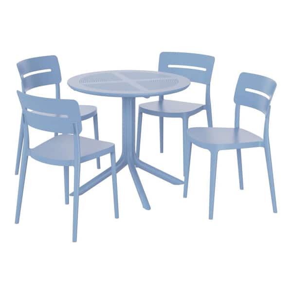 Frond&Form Modern Outdoor Patio Poly Plastic 5-Piece Round Table Dining Set w/ 4 Stackable Chairs in French Blue
