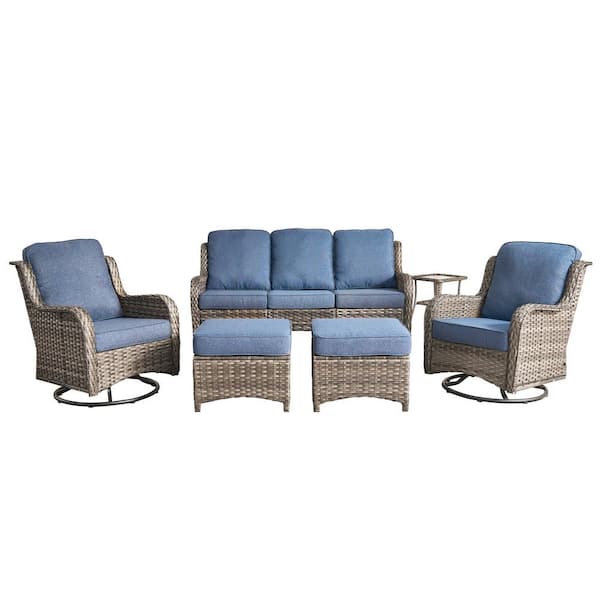 Moonlight Gray 6-Piece Wicker Patio Conversation Seating Sofa Set with Denim Blue Cushions and Swivel Rocking Chairs