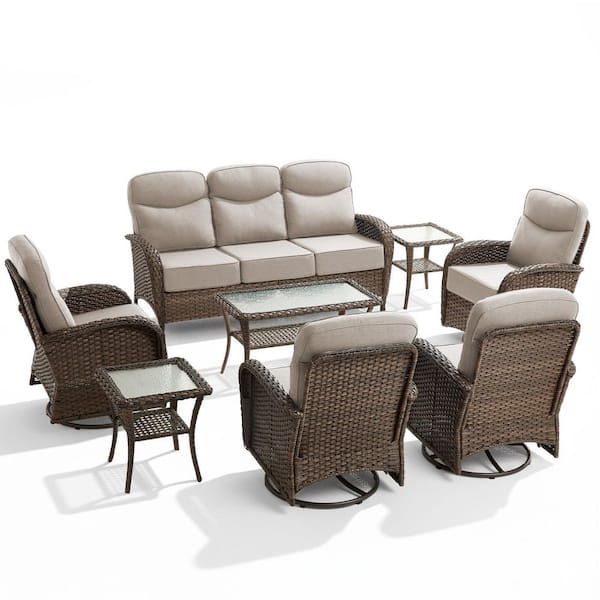 High Crescent 8-Piece Brown Wicker Patio Conversation Set with Beige Cushions and Table