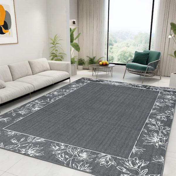 Dark Gray 10 ft. x 13 ft. Modern Bordered Print Rug Non-Slip Non-Linting for Bedroom and Dining Room