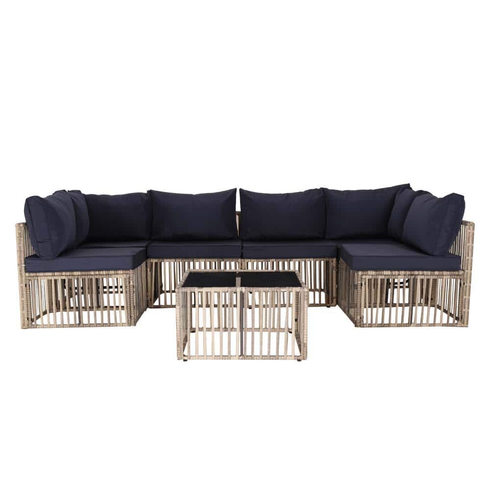 7-Piece Gray Wide Wicker Outdoor Patio Conversation Sectional Seating Set w