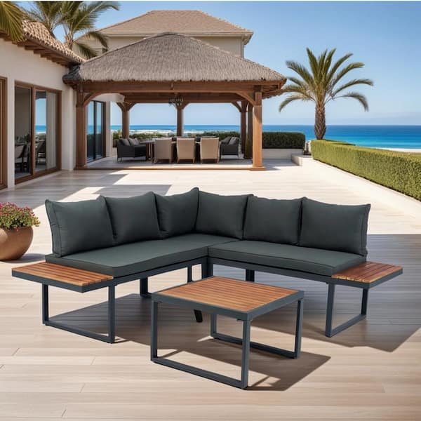 Unbranded 4-Piece L Shape Wicker Outdoor Patio 5 Seater Sectional Sofa Living Room Set with Side Table and Dark Grey Cushions