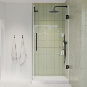 Tampa-Pro 32 in. L x 32 in. W x 75 in. H Corner Shower Kit w/Pivot Frameless Shower Door in ORB w/Shelves and Shower Pan