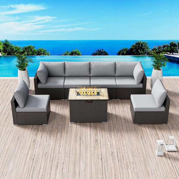 7-Piece Outdoor Wicker Patio Conversation Seating Set with Propane Fire Pit Table Without Ottoman (Light Gray Cushion)