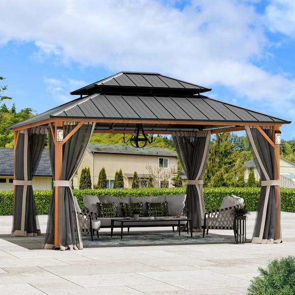 Ultra Series 12 ft. x 14 ft. Permanent Hardtop Gazebo With Solar LED Lights, Mosquito Nettings, Wood Looking