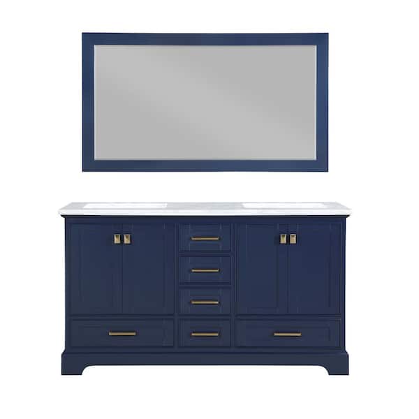 60 in. W x 22 in. D x 34.5 in. H Double Freestanding Bath Vanity in Blue with White Marble Top with Mirror