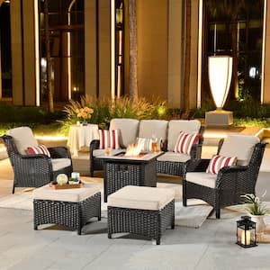 New Kenard Brown 6-Piece Wicker Patio Fire Pit Conversation Seating Set with Beige Cushions