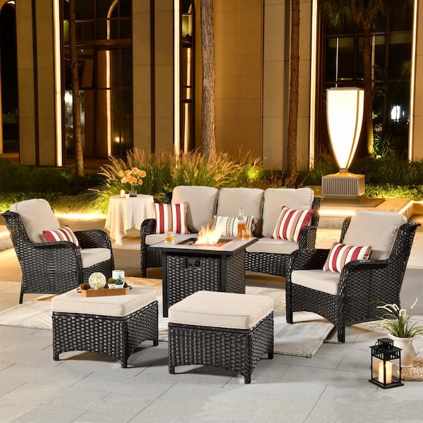 OVIOS New Kenard Brown 6-Piece Wicker Patio Fire Pit Conversation Seating Set with Beige Cushions