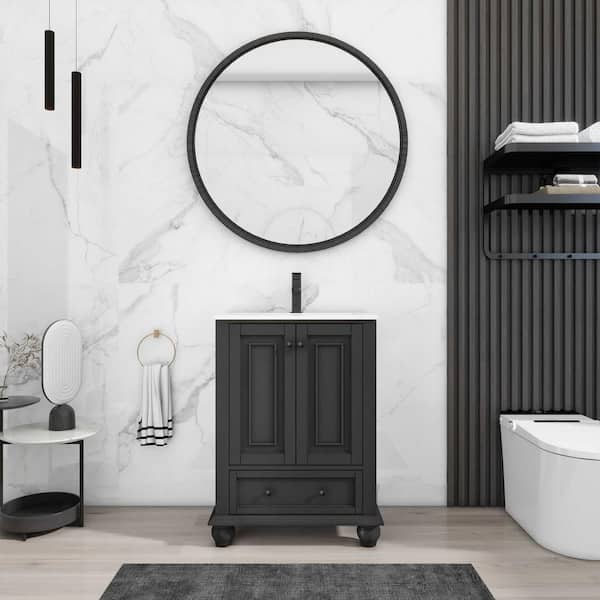 eclife 24 in. W. x 18.1 in. D x 34 in. H 1-Sink Freestanding Bath Vanity in Gray with White Ceramic Top and Drain Faucet Set