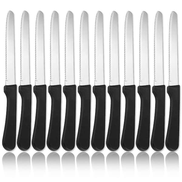 Stainless Steel Serrated Steak Knives with Black Plastic Handles, Set of 12, Dishwasher Safe