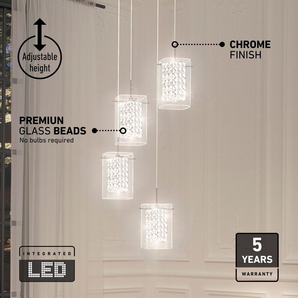 Crystal Cube 4-Light Chrome LED Pendant with Clear Glass Shades
