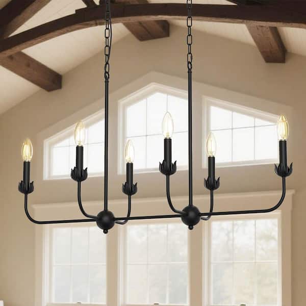 6-Light Industrial Black Island Pendant Chandelier, Classic Candle Style Hanging Light for Kitchen Island, Dining Room