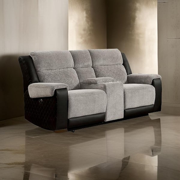Benjara 38.75 in. Flared Arm Faux Leather Rectangle Power Loveseat Recliner Sofa in Black and Gray