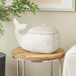 Round Resin Woven Inspired Storage Whale Box with Clear Knob