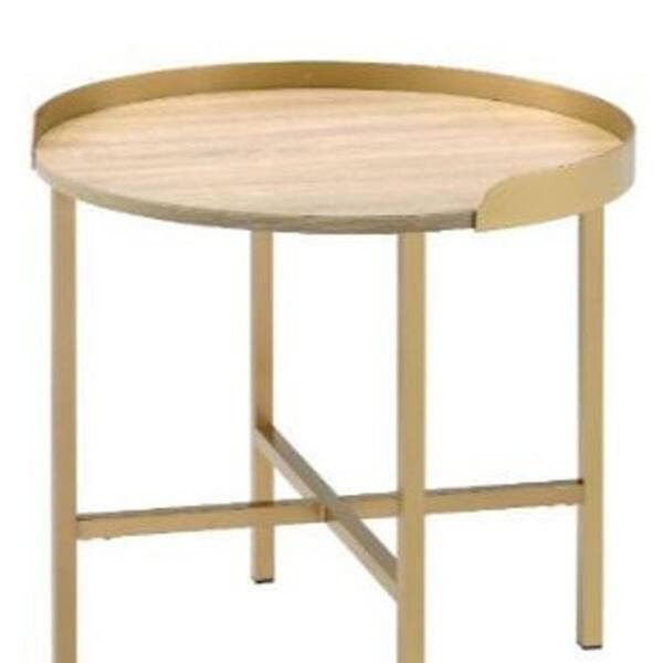 HomeRoots Valerie 22 in. Oak/Gold Round Particle Board End Table