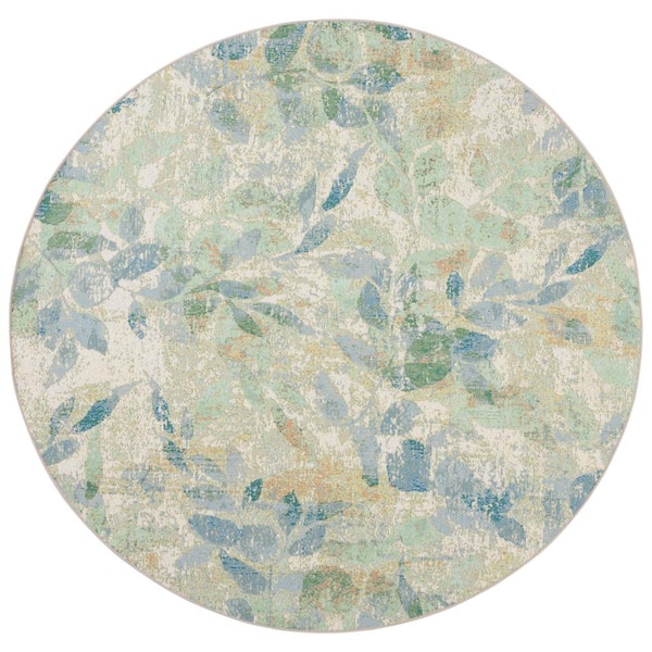 SAFAVIEH Barbados Blue/Ivory 7 ft. x 7 ft. Round Abstract Leaf Indoor/Outdoor Area Rug