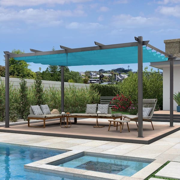PURPLE LEAF 12 ft. x 16 ft. Gray Aluminum Frame Outdoor Patio Pergola Gazebo with Blue Retractable Sun Shade Canopy for Garden