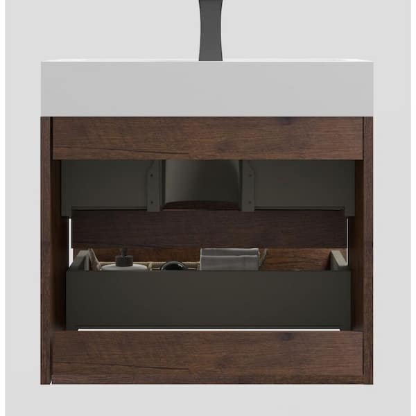 Ziyudura 24 in. Single Sink Floating Walnut Bath Vanity with White