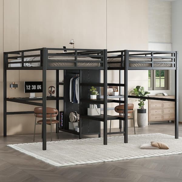 Black Twin Metal Loft Bed with Double Desk and Wardrobe and Shelves, Electrical Outlet for Space Saving