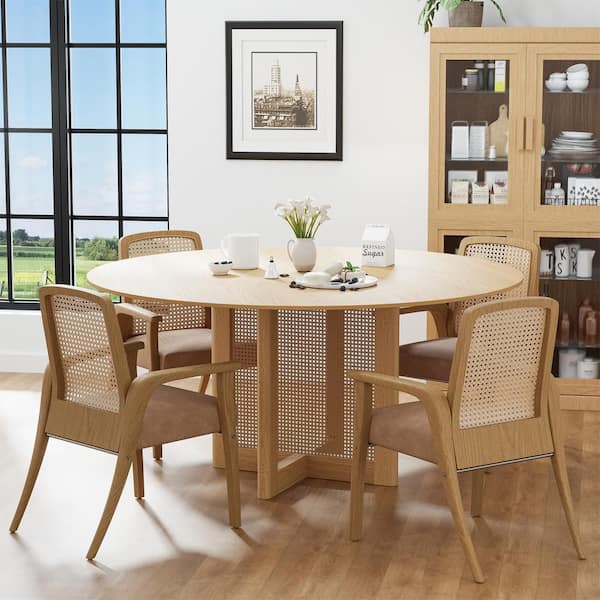 Round Oak Wood 60 in. W Cross Legs Dining Table Seats 8