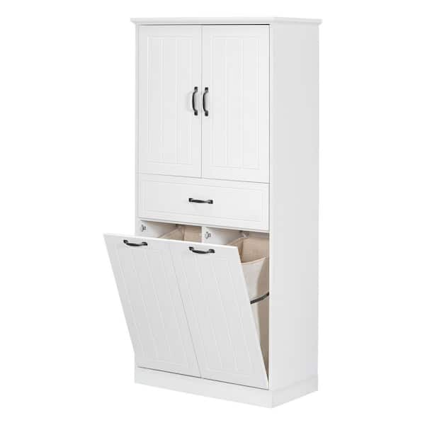30 in. W x 15.7 in. D x 66 in. H Freestanding White Linen Cabinet with 2 Laundry Baskets