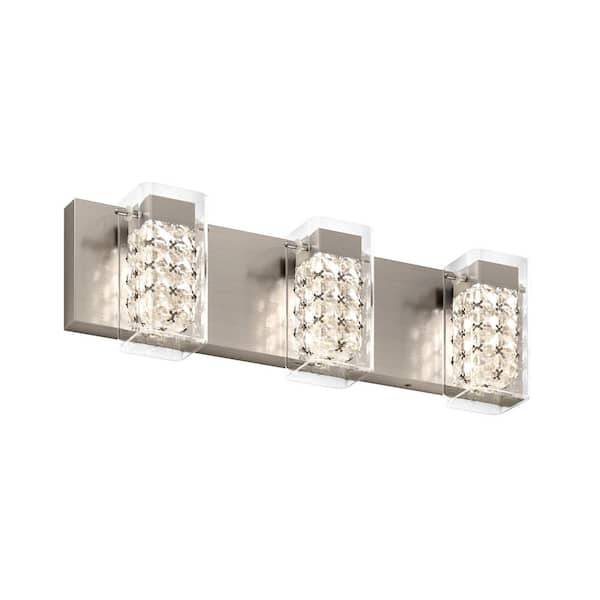 Crystal Cube 21 in. 3-Light Brushed Nickel Integrated 5CCT LED Vanity Light with Clear Glass Shade