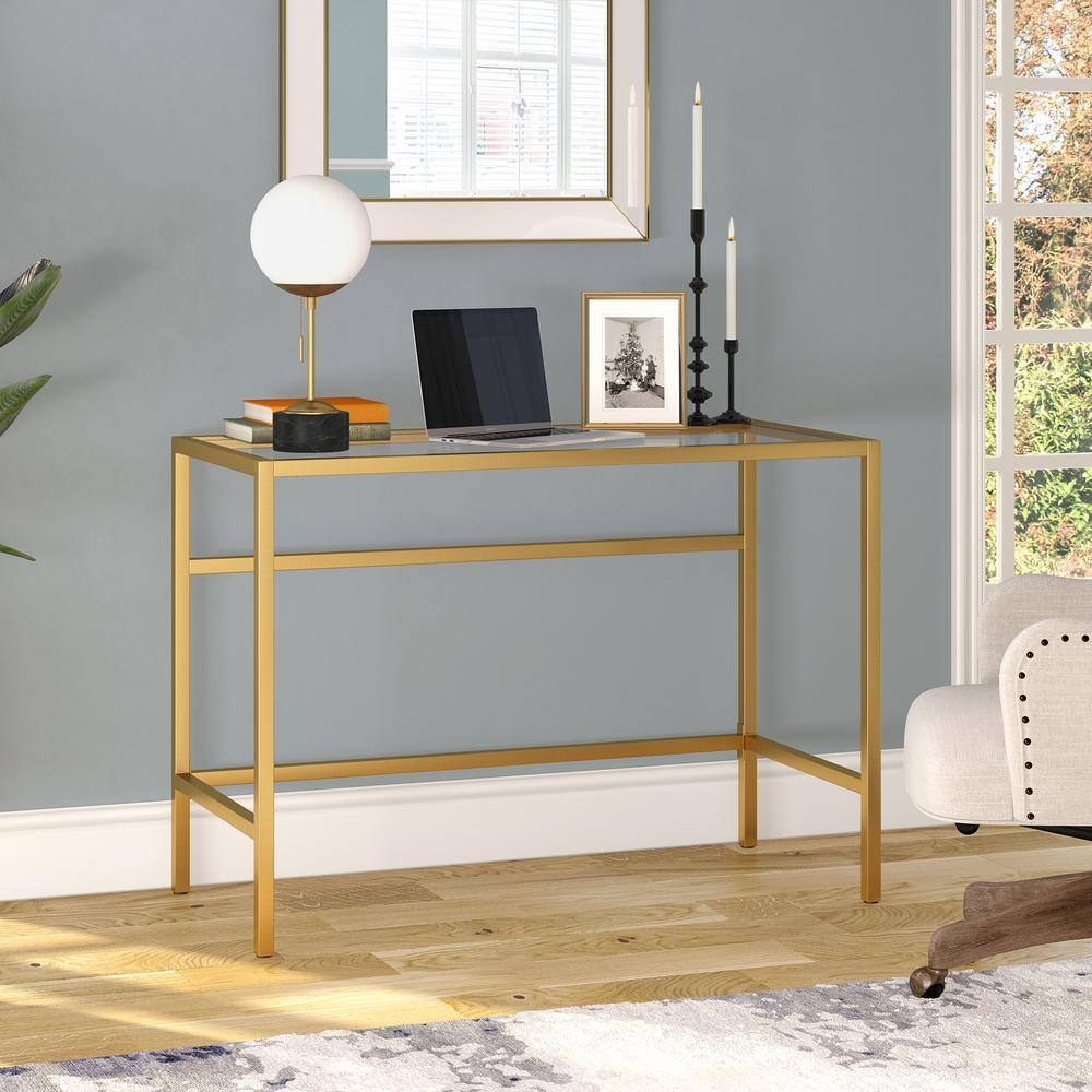 Sivil 42" Modern Brass Writing Desk with Tempered Glass Top