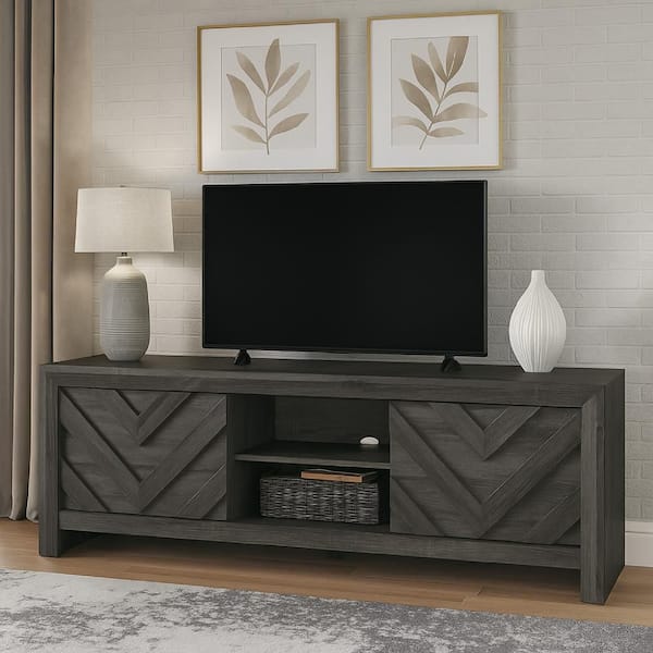 Velz Dark Gray TV Stand Media Cabinet Fits TV up to 75 in. with 2 Doors and Open Shelves
