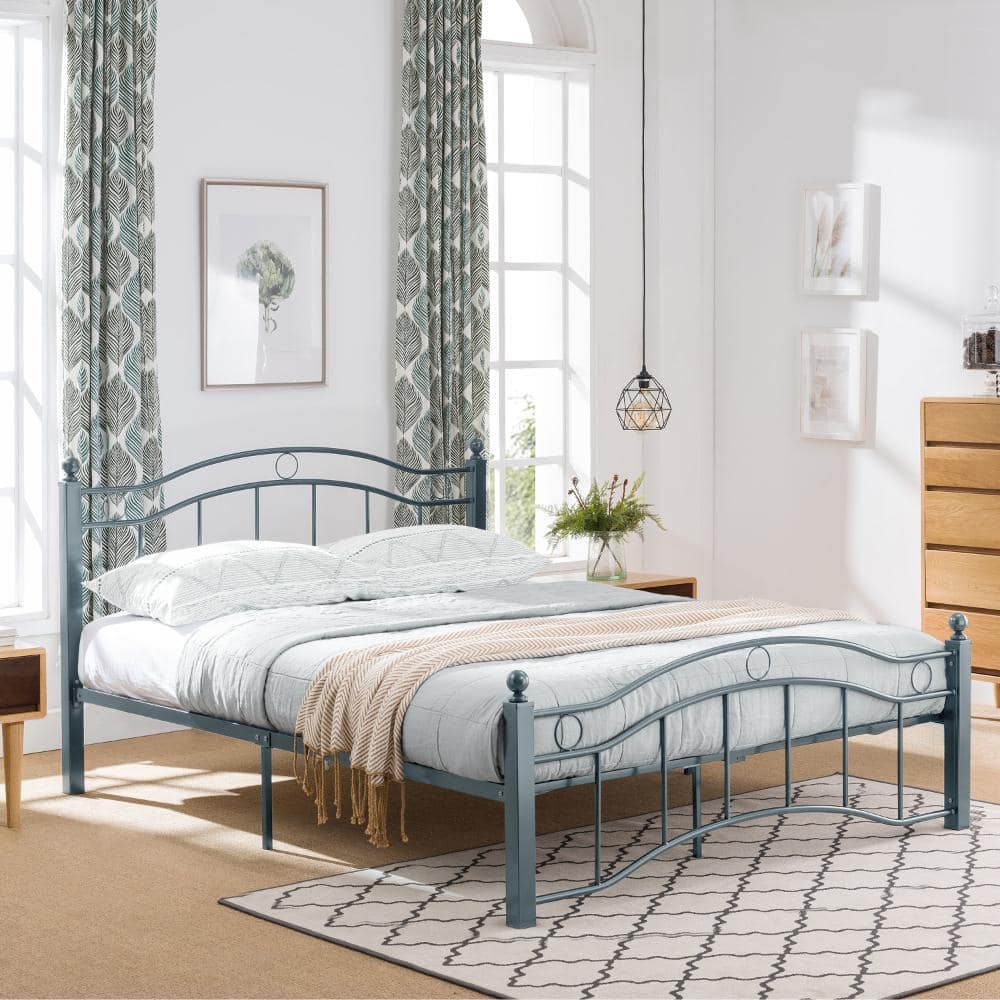 Antique Blue Metal Frame Queen Size Platform Bed with Wavy Headboard and Footboard price history on PriceWatchPro